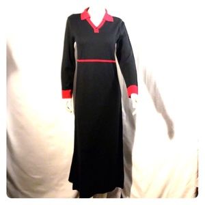 NWT Nina Leonard black maxi knit dress red trim size medium.
